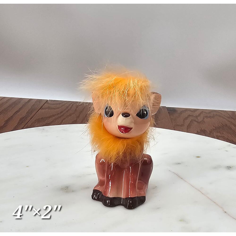 Vintage Kitschy Victoria Ceramics Japan Fawn Figurine with Faux Fur Mane